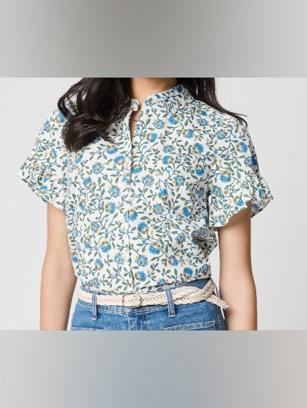 J. Crew Factory Short-Sleeve Button-Up Top Blue Floral Print XXL NWT Cottagecore